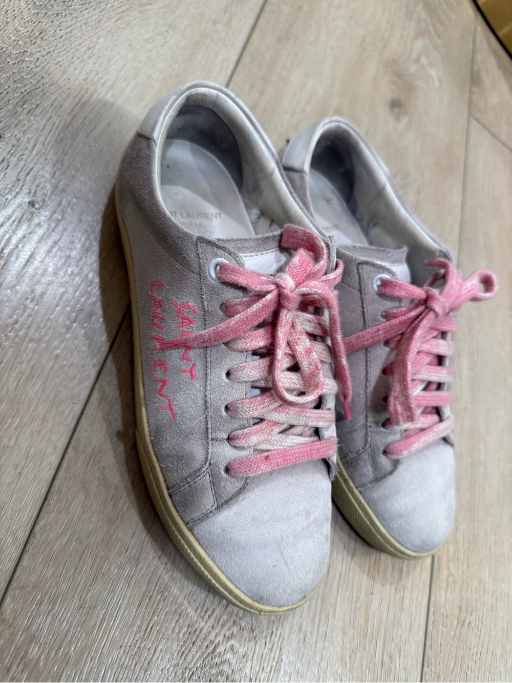 Saint Laurent Light Gray Suede Sneakers with Pink Accents